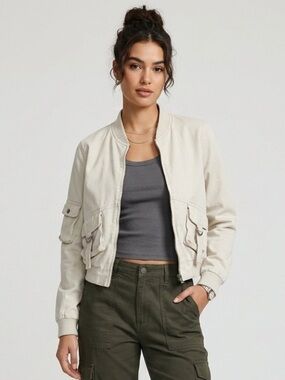 Vintage 90's Y2K Stone Cargo Bomber Jacket - Size 9